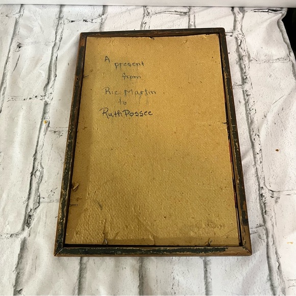 vintage old framed print Baby in high chair eating fruit wooden frame 8.5’x12’ - Picture 8 of 12